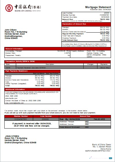 Download Hong Kong Bank of China bank mortgage statement scr Photoshop template